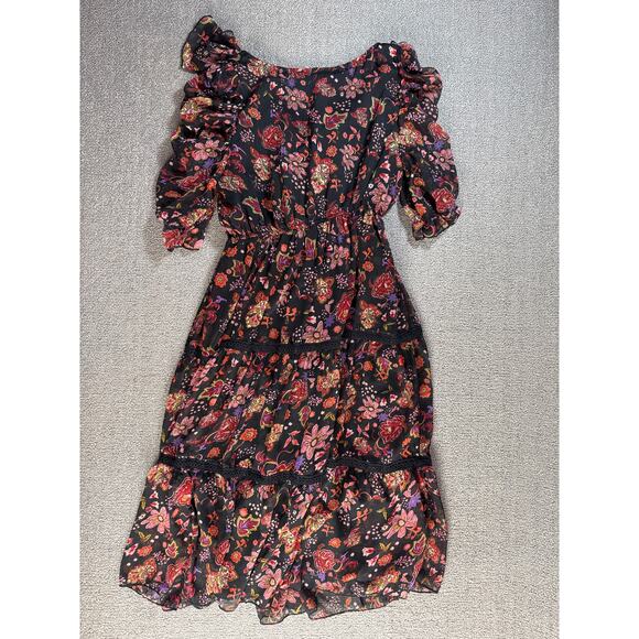 Floral Ruffle Midi Dress - Black and Red - Picture 2 of 9